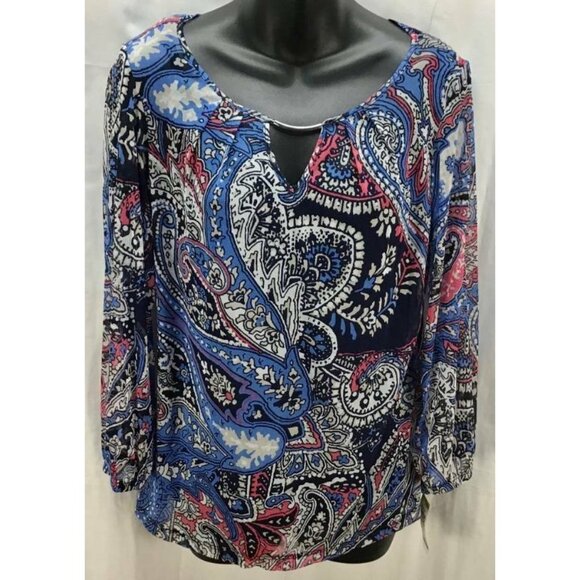 INC International Concept Top Medium Blue Paisley Scoop Neck 3/4 Sleeve New 1245 - Picture 1 of 5
